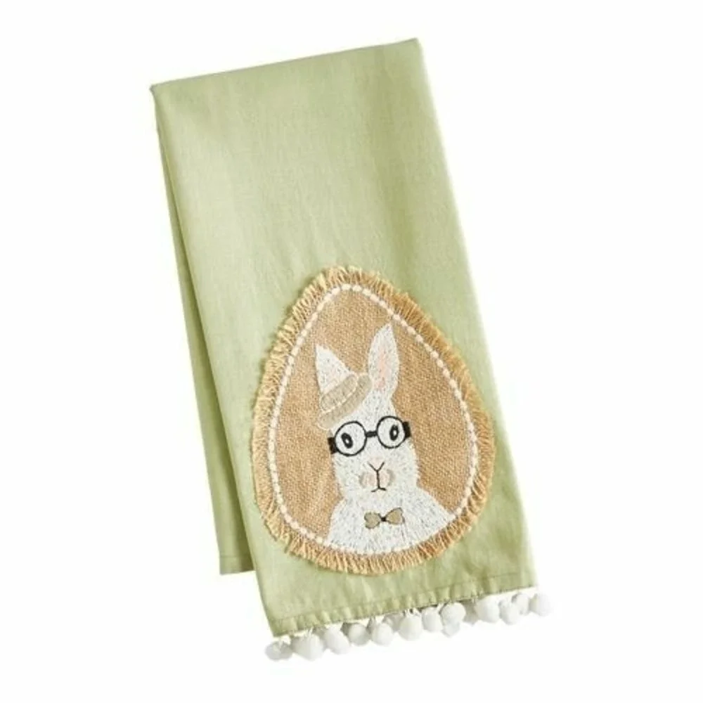 Pier 1 Imports Easter Mr. Rabbit Burlap Appliqué Pompom Trim Tea Towel Green NWT
